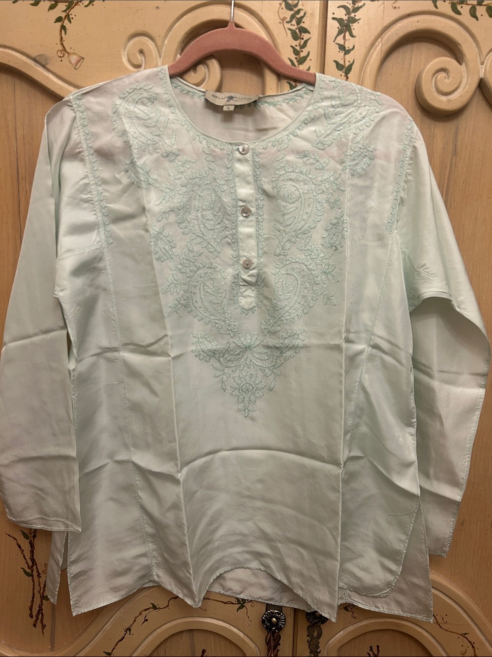 Light Mint Embroidered Women's Silk Tunic Top by Blunauta. Large